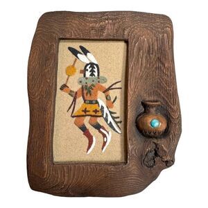 Rustic Wood Picture Frame Native American Sand Art Design & Jug Turquoise Signed